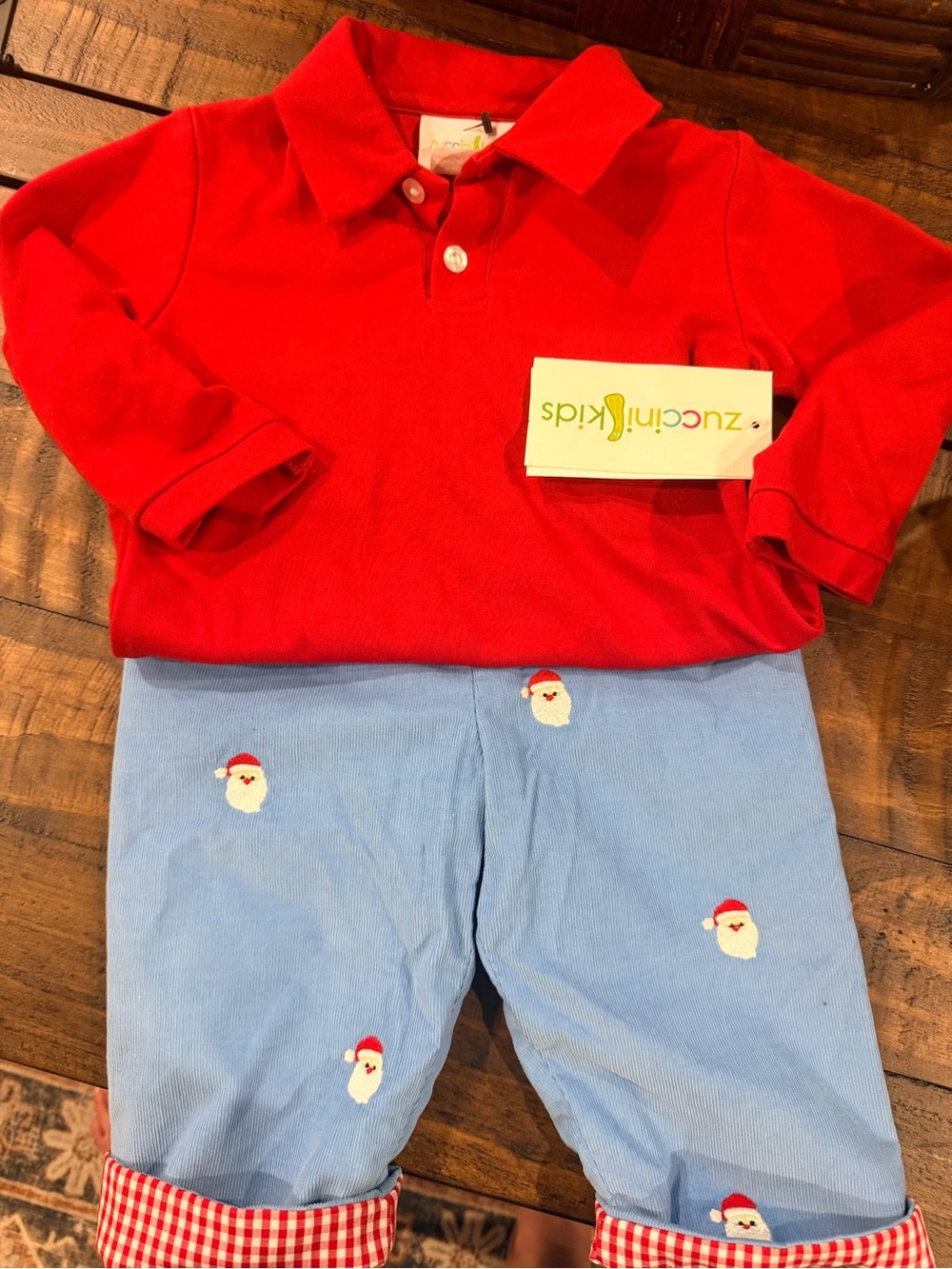 Zuccini Kids Red Polo & Light Blue Santa Corduroy Matching Set